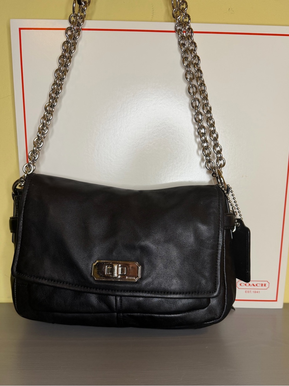 Coach Chelsea Black Leather Turnlock Shoulder Bag with Chain Strap